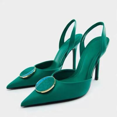 China New Summer Women's Breathable Sandals Za@ra Stiletto Heel Pointed Back Fashion Women's Empty Button Green Metal Sandals for sale