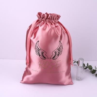 China Luxury Natural Custom Logo Printed Satin Hair Extension Wig Package Drawstring Bag Silk Dust Wrapping Pouch for sale