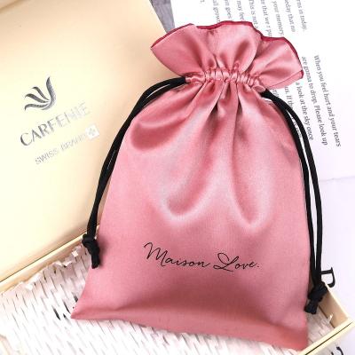 China Custom Logo Printed Pink Satin Bag Natural For Perfume Jewelry Packaging Luxury Hair Silk Pouch for sale