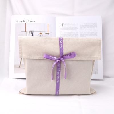 China Custom Logo Printed Natural Canvas Envelope Safety Clothes Pillow Handbag Dust Bag With Ribbon Cotton Flap Luxury Dust Bag for sale