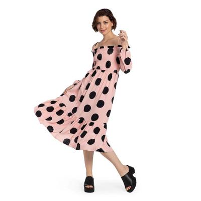 China New Breathable One-The-Shoulder One-Line Breathable White Polka Dot Print Long-Sleeved Skirt With Ruffled Edge for sale