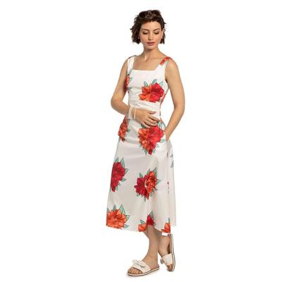 China New Breathable Sleeveless Red Floral Print Long Cut Daily Dress White for sale