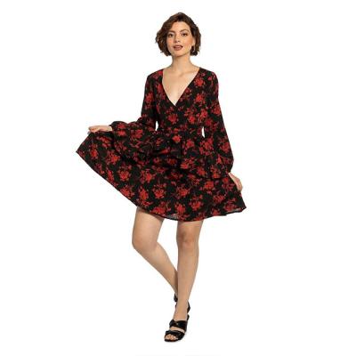 China Lisitong Washable Sexy Women Dress Floral Printed V-Neckline One Line Long Sleeve Mini Women Dress for sale