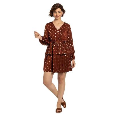 China Gold Polka Dot Print Cake Mini Long Sleeve Dress Anti-wrinkle V-Neckline Long Sleeve Dress for sale