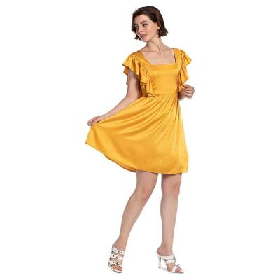 China New Sale Cotton Polyester Dress Solid Color Sleeve Ruffle Neck Square Anti-wrinkle Short Skirt Hot Shiny Comfortable Blend Fabric for sale