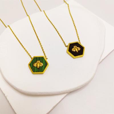 China TRENDY Wholesale Jewelry 18K Gold Plated Geometric Honeycomb Green Stripe Retro Black Stones Pendant Stainless Steel Bee Necklace for sale