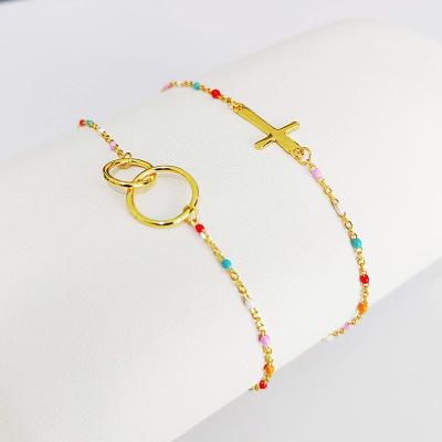 China Vintage Fine Fashion Jewelry 925 Sterling Silver Colorful Enamel Beaded Cross Double Loop Drip Bracelets for Women Friends Love for sale