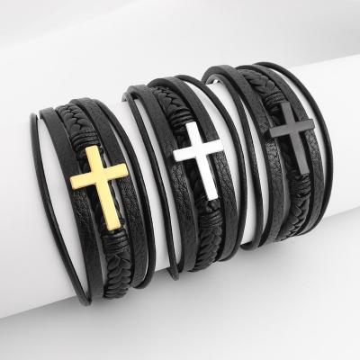 China Vintage Custom Logo Men's Personality Multilayer Braided Stainless Steel Cross Black Leather Bracelet For Men for sale