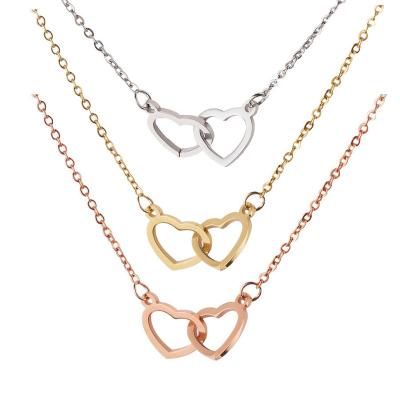 China TRENDY Fashion Stainless Steel Custom Name 18K Gold Plated Heart Pendant Clavicle Chain Double Love Heart Necklace For Women Girls for sale