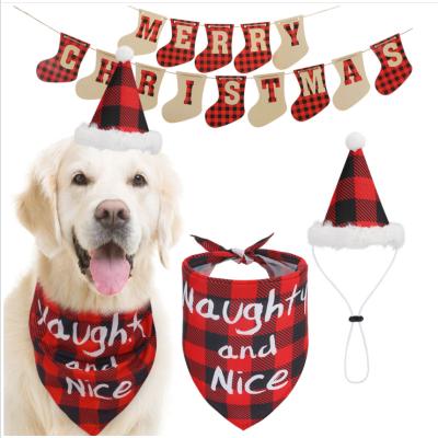 China Viable Cute Newcomer Christmas Plaid Dog Hats Red Triangle Scarf Bandanas And Flags Set For Party for sale