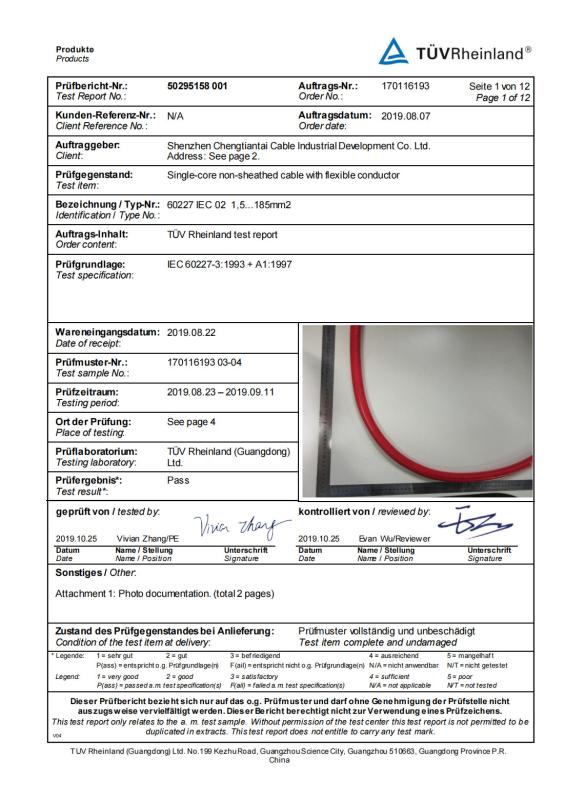 Test Report by TÜV Rheinland - Shenzhen Chengtiantai Cable Industry Development Co.,Ltd