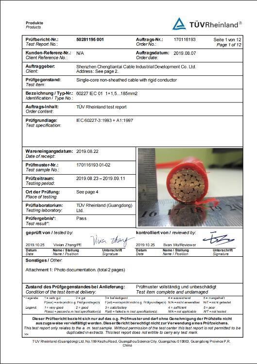 Certificate For China Compulsory Product Certification - Shenzhen Chengtiantai Cable Industry Development Co.,Ltd