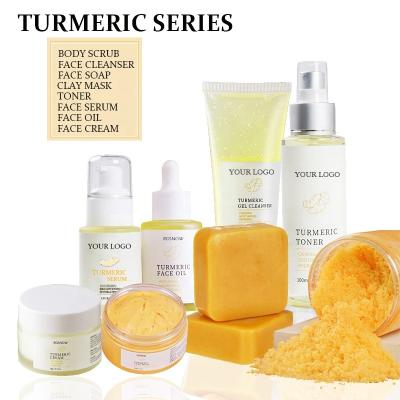 China Private Label Turmeric Anti Aging Skin Care Whitening Set Serum Oil Toner Cream Soap Scrub for sale