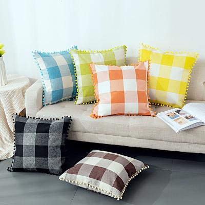 China PORTABLE Yarn-dyed Lattice Small Pompom Square Pillowcase Cushion Cover for sale