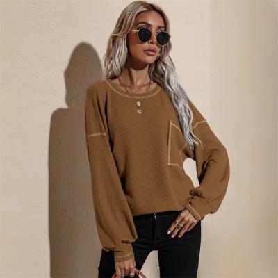 China OEM New Arrival Women Clothing Bat Sleeve Long Sleeve Breathable Top Loose Casual Waffle Sweatshirt Crewneck Knitting Sweatshirt for sale