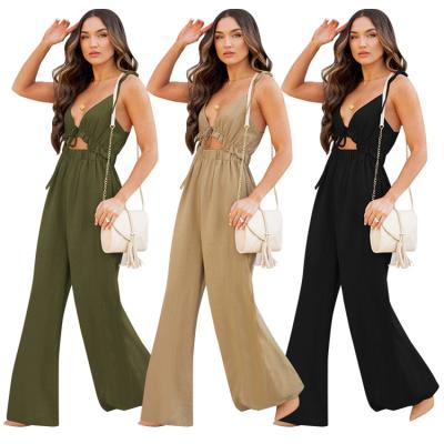 China Solid Color Breathable Wide Leg Pants Backless One Piece Jumpsuit For Elegant Women Overalls for sale