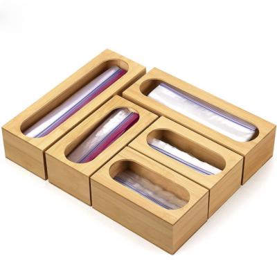 China Sustainable Bamboo Ziplock Bag Storage Organizer And Dispenser For Kitchen Drawer for sale