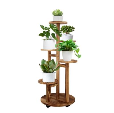 China Eco-Freindly Flower Pot Stand Movable Floor-to-Ceiling Indoor Living Room Balcony Wooden Multi-Layer Succulent Stand Flower Pot Shelf with whee for sale