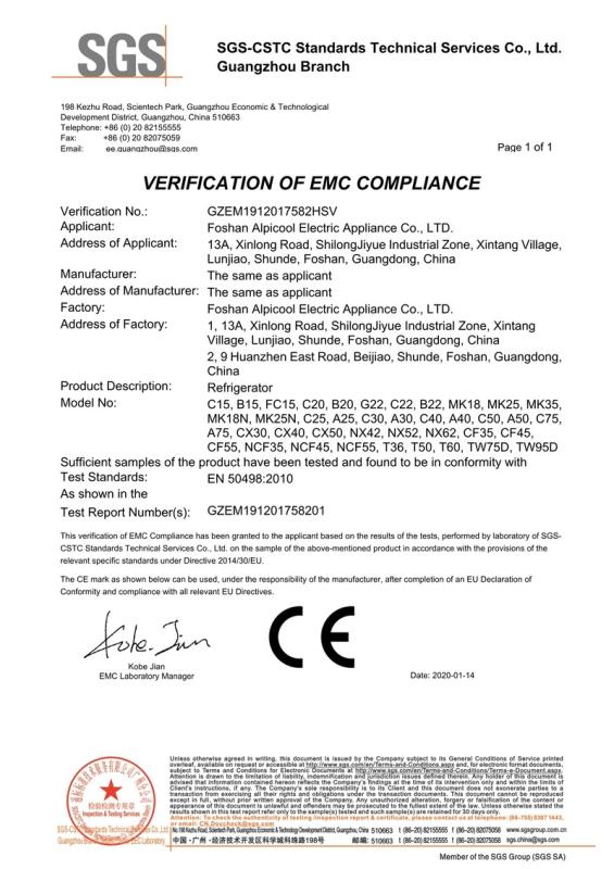 CE - Foshan Alpicool Electric Appliance Co., Ltd.