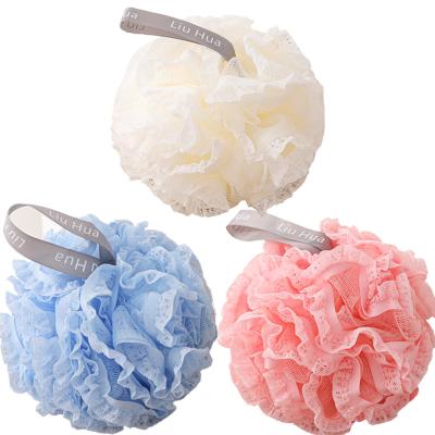 China EXFOLIATE Korean Elegant Mesh Shower Puff Ball Body Scrubber Lace Flower Bath Loofah Sponge Pe Scrubber Exfoliating Bath Sponge for sale