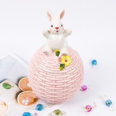 China Steamable New Factory Custom Ceramic Easter Bunny Candy Sweet Cookie Jar for sale