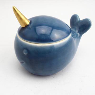 China Modern Ceramic Candlestick Hot Sale Blue Unicorn Whale Candlestick With Lid Ceramic Candlestick For Home And Hotel Decoration for sale