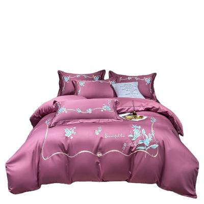 China Nondisposable Luxurious Spring Breeze Drunken Exquisite Satin Embroidered Comforter Set 4 Pcs Bedding 2 Pillow Cases 1 Duvet Cover 1 Flat Sheet for sale