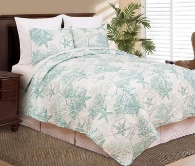 China Folded Home Ocean Plug Starfish Coastal Blue Sand Dollar Coral Beach House Condo Queen Reversible 3 Piece Comforter Bed Cover Set Full for sale