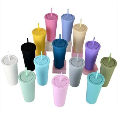 China Various Sustainable Promotional Goods Using Reusable Double Wall Plastic Cup Plastic Cup With Straw for sale