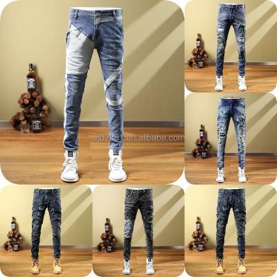 China New Men's Fashion Breathable Jeans Wash And Splice Slim Fit Stretch Denim Street Hole Tight Jeans for sale