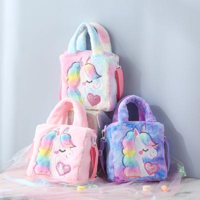 China Other New Wholesale Winter Girls Unicorn Bags Cute Faux Fur Tote Bag Kids Handbags Crossbody With Strap for sale