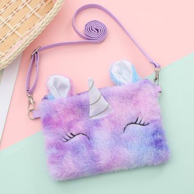 China 2021 Winter Warm Faux Fur RFID Bags Kids Purses Toddler Girl Cartoon Unicorn Plush Bag Crossbody With Strap for sale