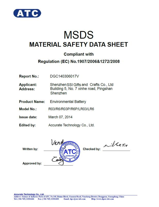 MSDS - SHENZHEN SSI GIFTS & CRAFTS CO., LTD