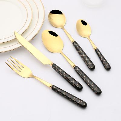 China Sustainable Hot Sale Stainless Steel Cutlery Set Ceramic Handle Gold Edge Knife Fork Spoon for sale