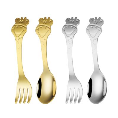 China Sustainable cartoon handle 304 stainless cutlery fork and spoon cutlery set kids and enlightenment Fawn Fork and Spoon for sale