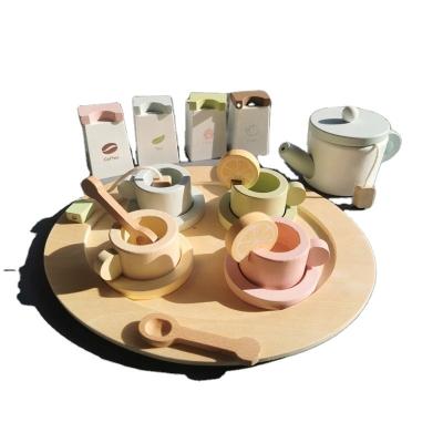 China 100% Eco-Friendly Pastel Tea Sets With Ice Cream Sweet Chocolate Cups Cake Wooden Kitchen Toys Pretend Play For Kids Birthday Gift for sale