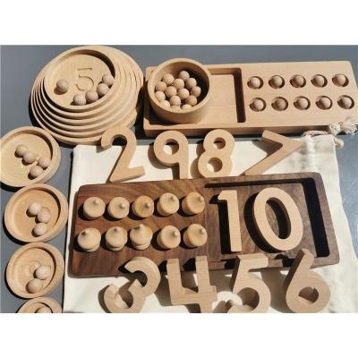 China 100% Eco-Friendly Deluxe Walnut Math Frame Digital Number Blocks Wooden Montessori Tray Bowl Toys Divided Sensory for sale