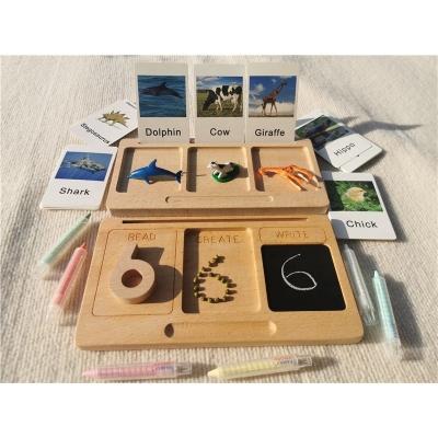 China Beech Wood Pretend Animals Assorted English Learning Cards Montessori Toys Wooden Learning Tablet With Chalks Divided Trays for sale