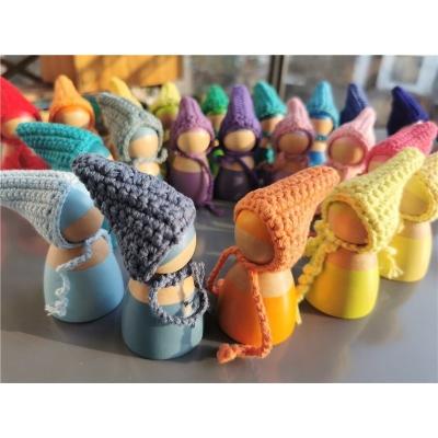 China 100% Eco-Friendly Stacking Blocks Crochet Wooden Rainbow Peg Dolls Pastel In Hat Montessori Knitting Toy for sale