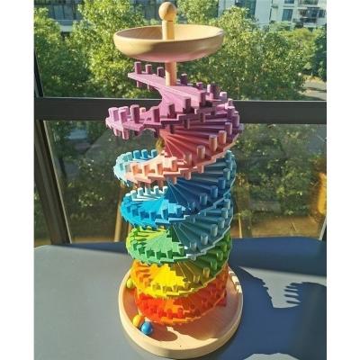 China 100% Eco-Friendly Wooden Rainbow Blocks Assemble Ball Set Marbles Run Large Double Sliding Spiral Path Stairs Running Toys for sale