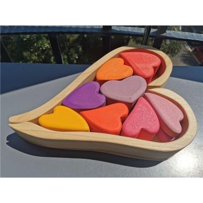 China 100% Eco-Friendly Kids Wooden Toys Rainbow Hearts Stacking With Tray Pastel Wood Building Blocks Early Study for sale