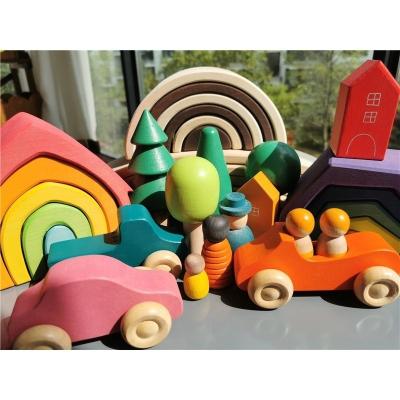 China 100% Eco-Friendly Volcano Coral Sea Wave Earth Rainbow Wooden Stacks Block Wooden Toys Trees Cars Building House for sale