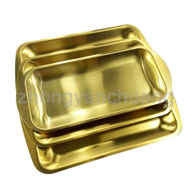 China Sustainable Korean Golden Retro Dessert Plate Stainless Steel Tableware Rectangular Snack Serving Plate Restaurant Home Kitchen BBQ Dish for sale