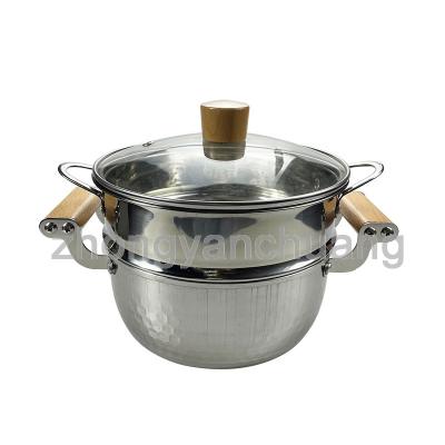 China Sustainable Hot Sale Stainless Steel Cooking Pot Food Grade Stock Pot with Double Wooden Handle Steamer Pot with Two Ears for sale