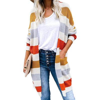 China 2021 High Quality Breathable Coat Women's Cardigan Style Striped Spliced ​​Suit Along With Pockets Knitted Women Clothes For Fall Winter for sale