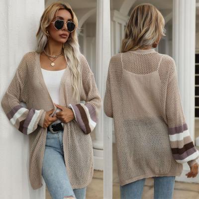 China 2021 Anti-wrinkle cardigan knitted women's sweater coat contrast mid hollow length color loose casual women's bentgrass for sale