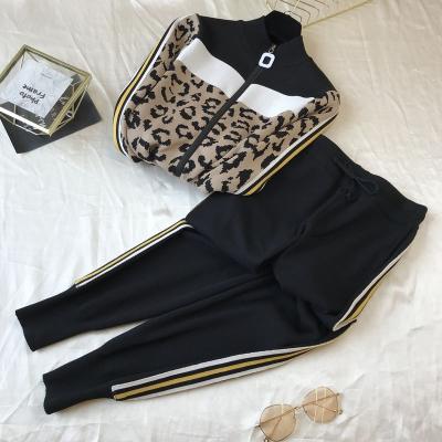 China Cardigan 2021 Breathable 2 Piece Sweater Set Autumn Long Sleeve Leopard Women's Knitted Tracksuit Top + High Waist Pants Fashion Casual Suit for sale