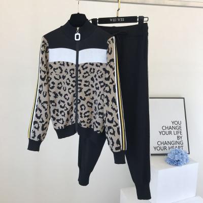 China Breathable Tracksuit Women Leopard Knit Zipper Cardigan Tops+Pants Suit 2PCS Sets Coat Jacket Female Long Sleeve Sweater Pants Casual Suits for sale