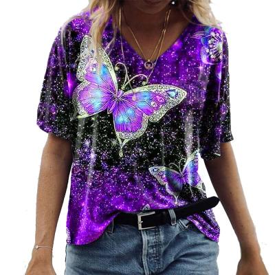 China 2021 Summer T-shirt Plus Size S-5XL Butterfly Print Sleeve T-shirt Women's Top Casual Clothing Short V-neck QUICK DRY for sale