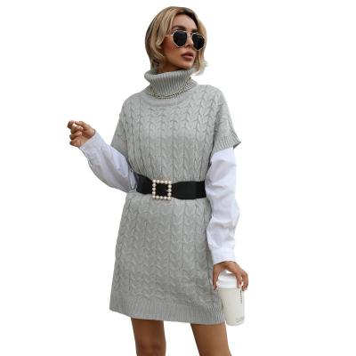 China 2021 new style Anti-wrinkle winter women sweater dresses twist knit long style turtle type solid neck vest winter dresses thermal for sale